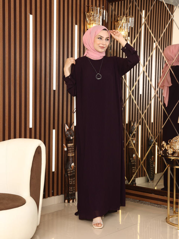 Purple Plain Pleated Long Dress Abaya