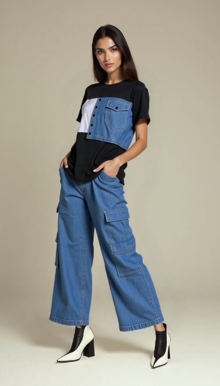 Denim Patchwork Tee & Wide-Leg Jeans