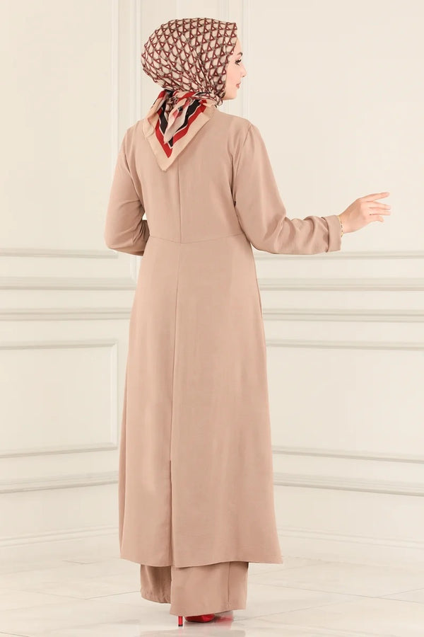 Beige Plain Long Tunic with Pants 2-Pc Set