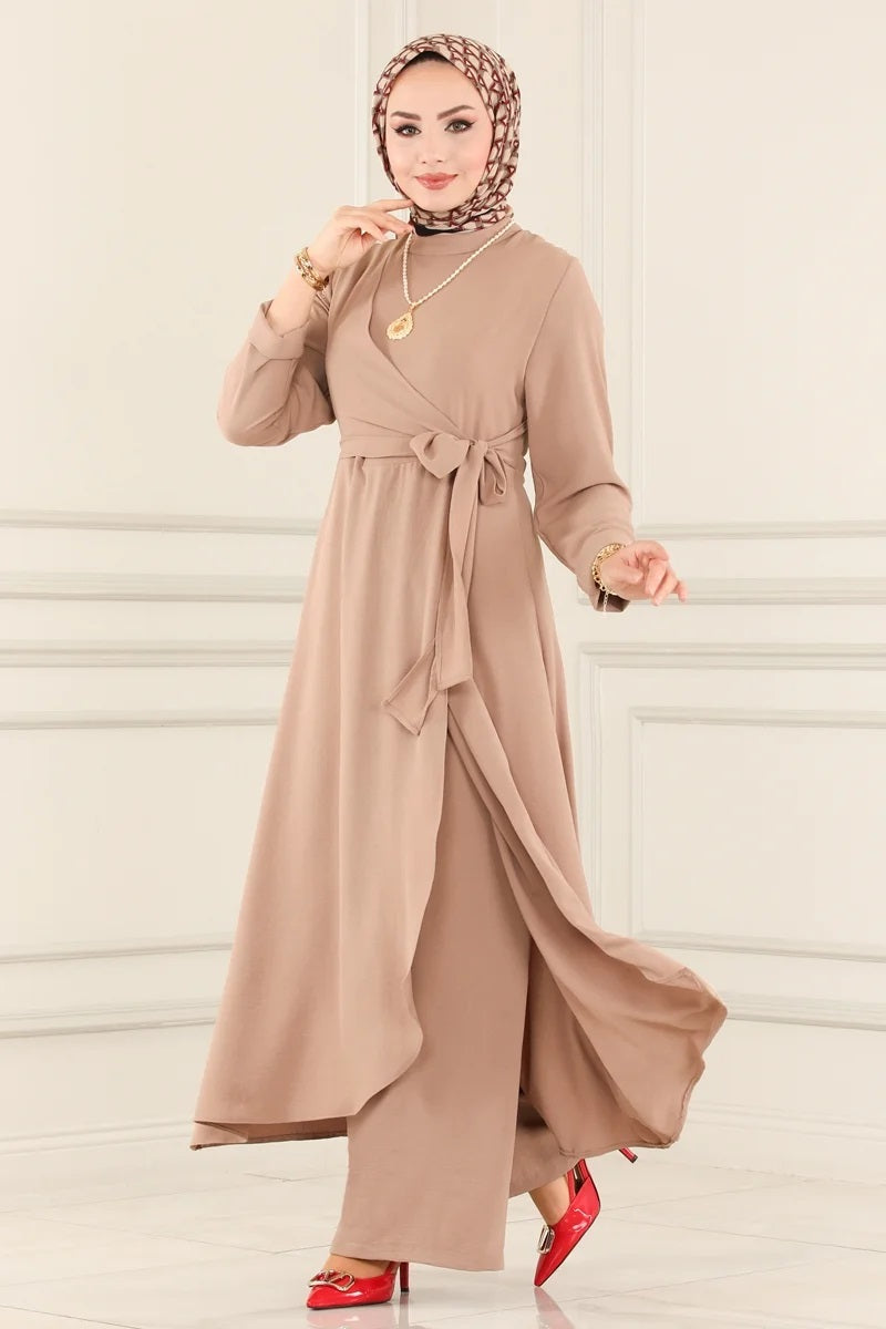 Beige Plain Long Tunic with Pants 2-Pc Set