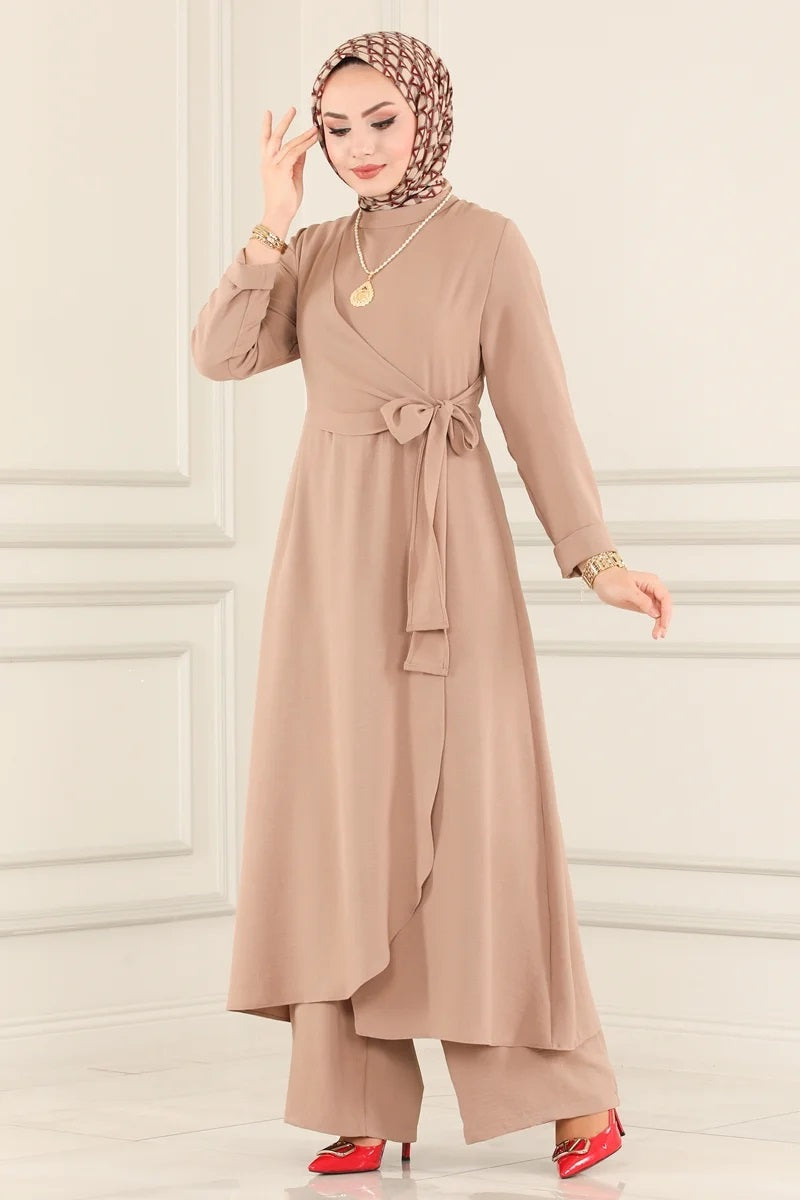 Beige Plain Long Tunic with Pants 2-Pc Set