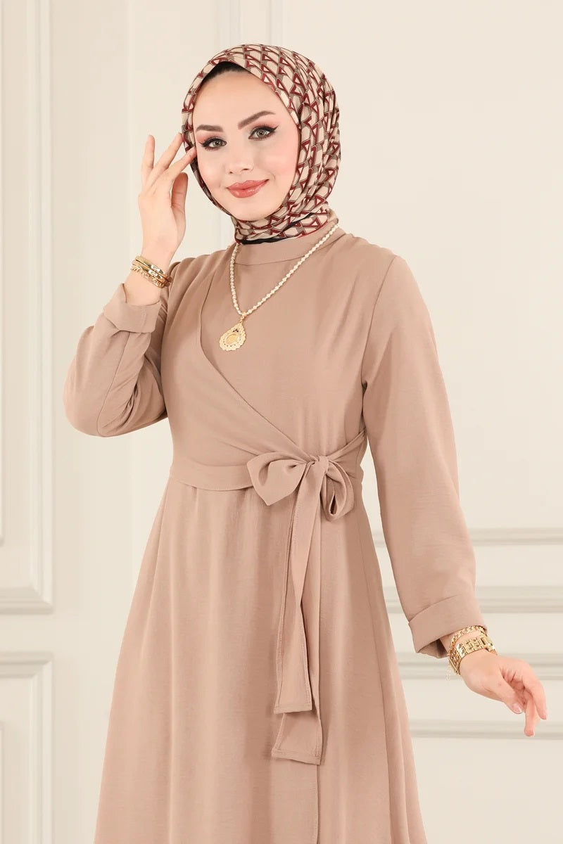 Beige Plain Long Tunic with Pants 2-Pc Set