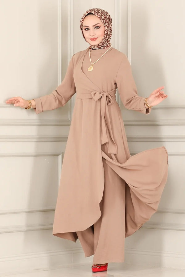 Beige Plain Long Tunic with Pants 2-Pc Set