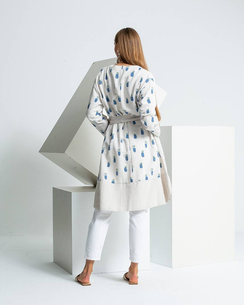 Linen Blend Printed Tie-Waist Cardigan