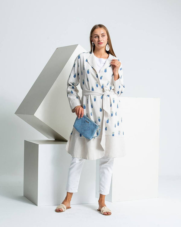 Linen Blend Printed Tie-Waist Cardigan