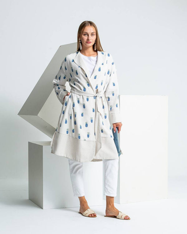 Linen Blend Printed Tie-Waist Cardigan