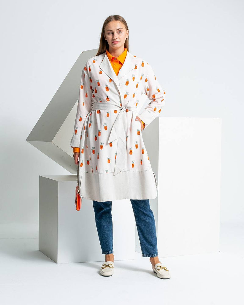 Linen Blend Printed Tie-Waist Cardigan