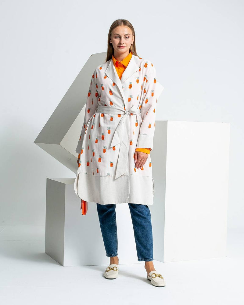 Linen Blend Printed Tie-Waist Cardigan