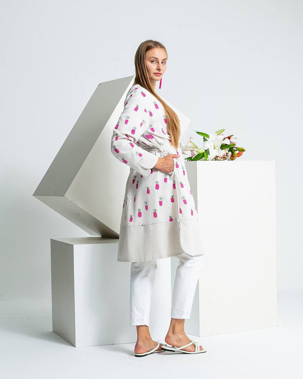 Linen Blend Printed Tie-Waist Cardigan