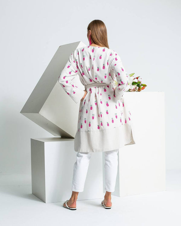 Linen Blend Printed Tie-Waist Cardigan