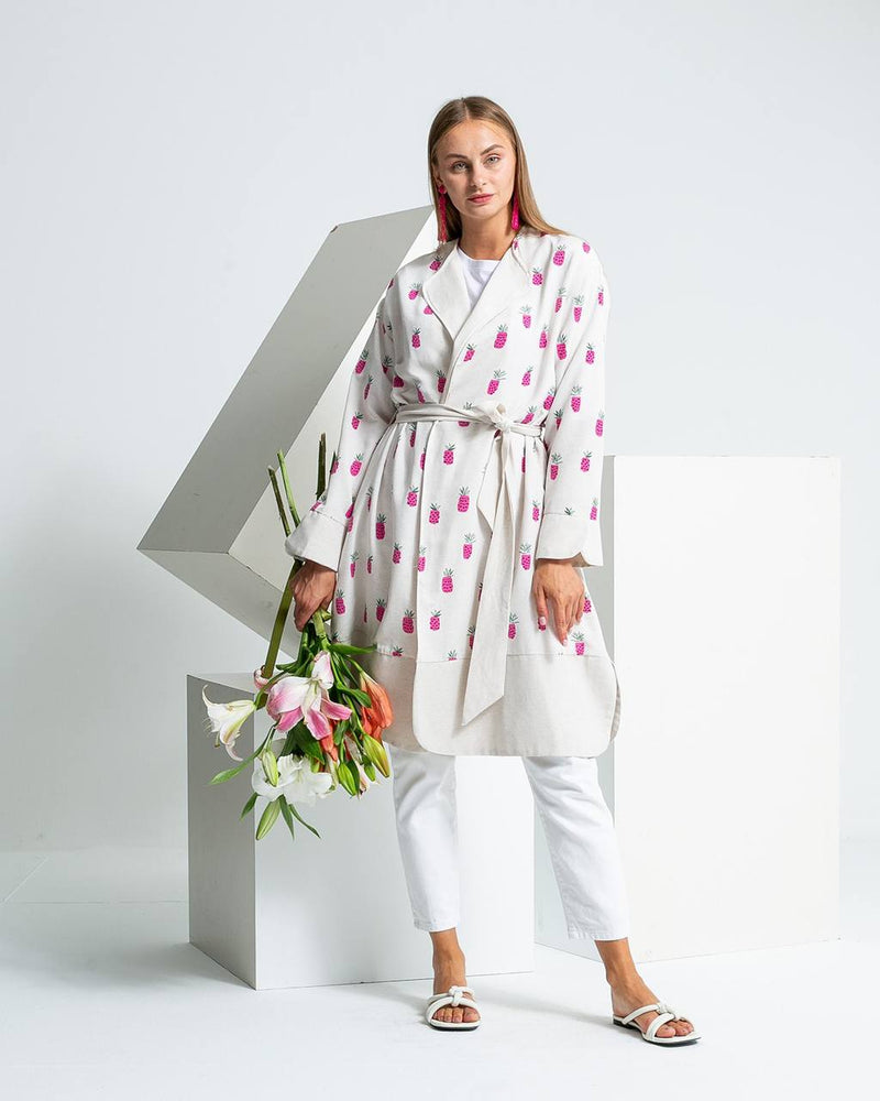 Linen Blend Printed Tie-Waist Cardigan