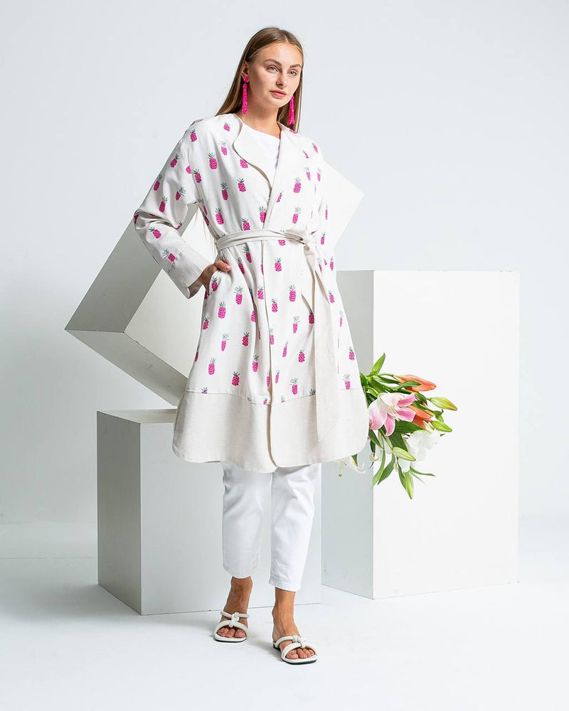 Linen Blend Printed Tie-Waist Cardigan