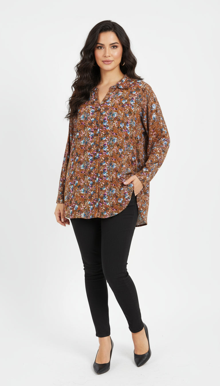 V-Neck Floral Print Tunic Blouse