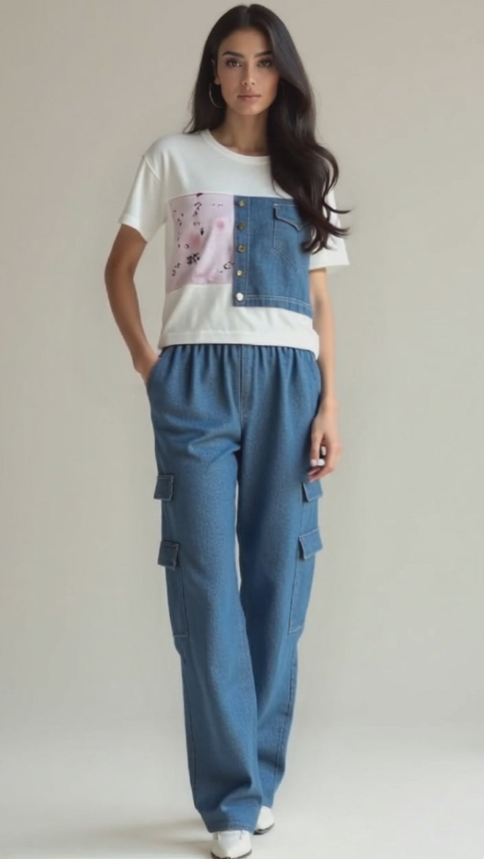 The Denim Patchwork Tee & Wide-Leg Jeans