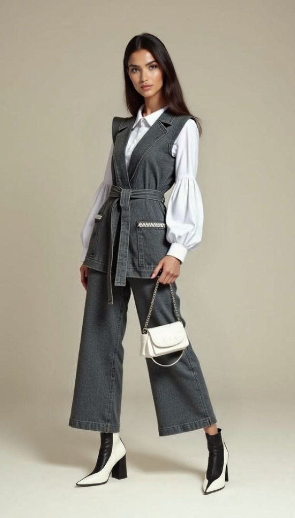 Chic Denim Vest and Wide-Leg Pant Set