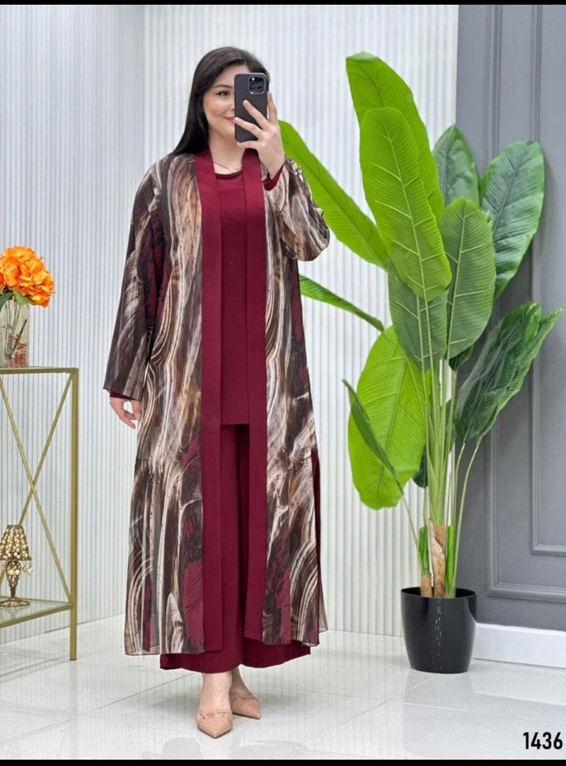 Three-Piece Abstract Print Abaya Set