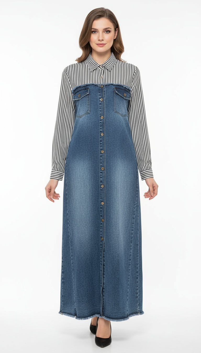 Two-Piece Look Denim Maxi Modest Dress