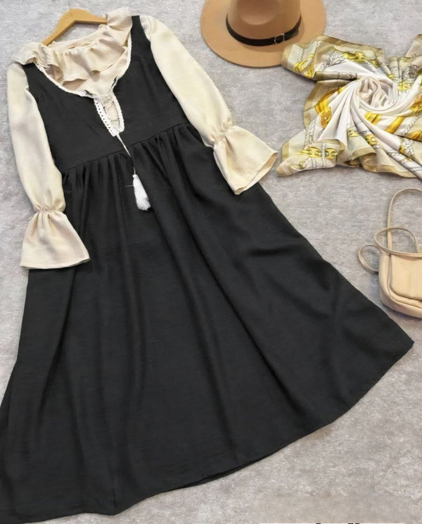 Ruffled Blouse Lace-Up Modest Dress Set