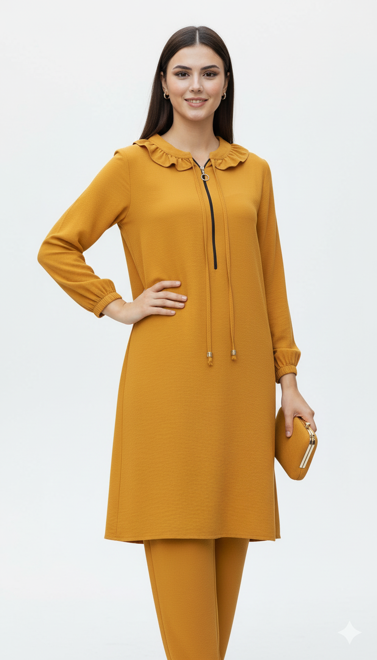 Ruffle Collar Zip Tunic and Pant Set