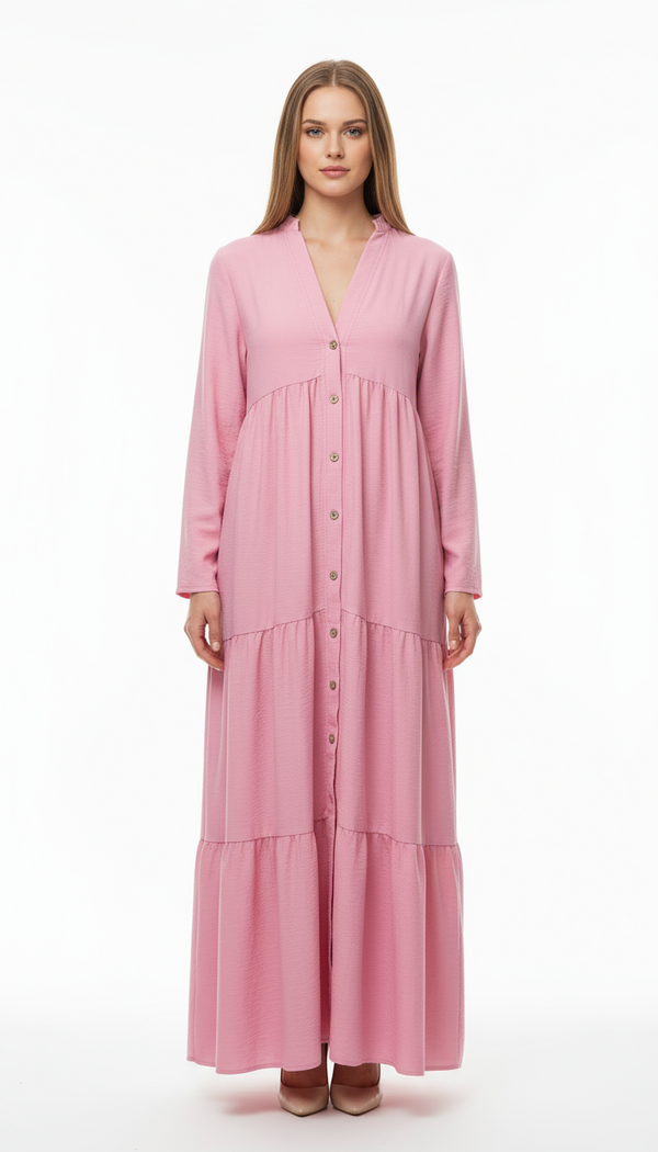 Full Button Tiered Modest Maxi Dress