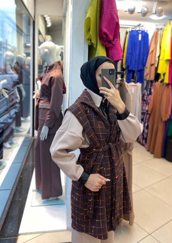 Checked Wool Blend Sleeveless Coat