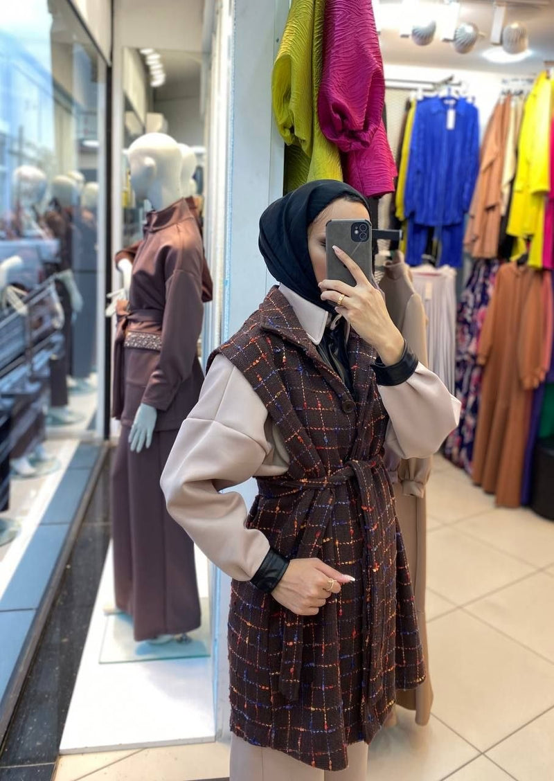 Checked Wool Blend Sleeveless Coat