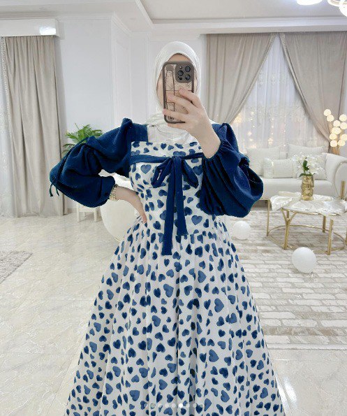 Heart Print Puff Sleeve Long Dress
