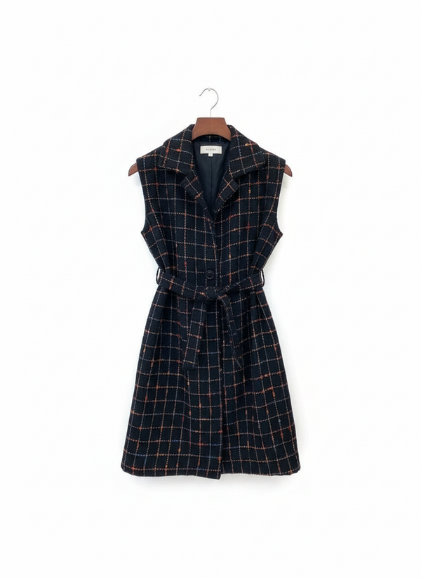 Checked Wool Blend Sleeveless Coat