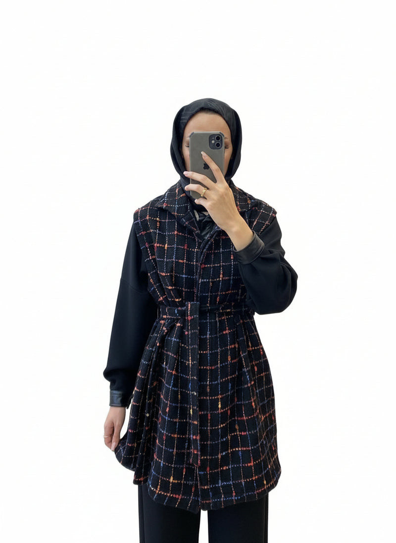 Checked Wool Blend Sleeveless Coat
