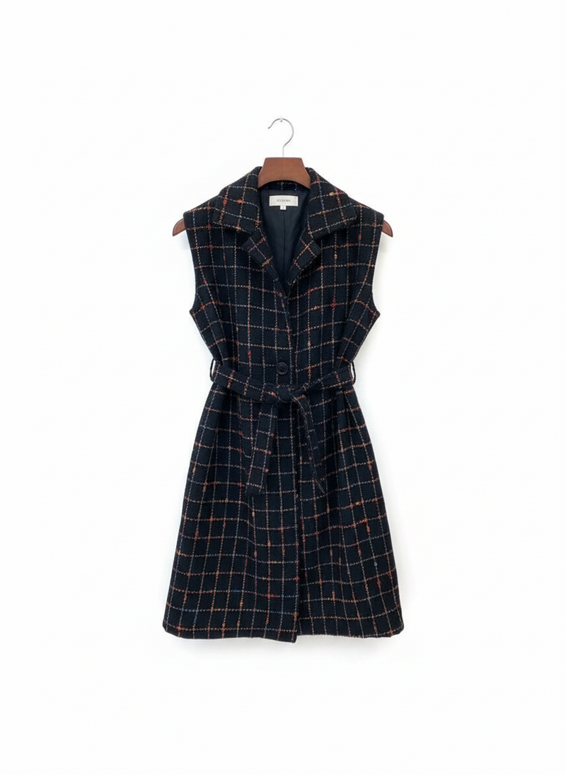Checked Wool Blend Sleeveless Coat