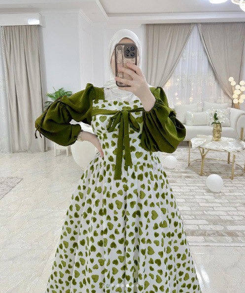 Heart Print Puff Sleeve Long Dress