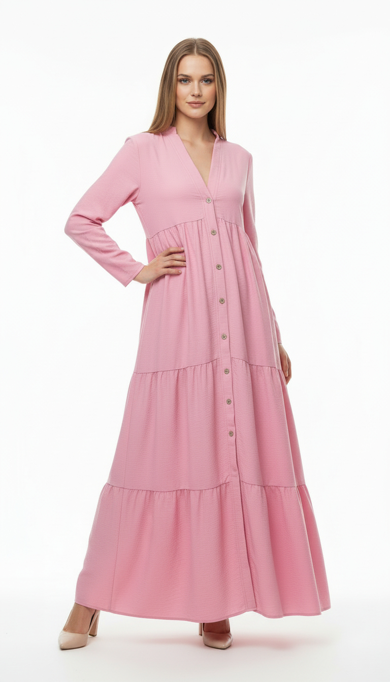 Full Button Tiered Modest Maxi Dress