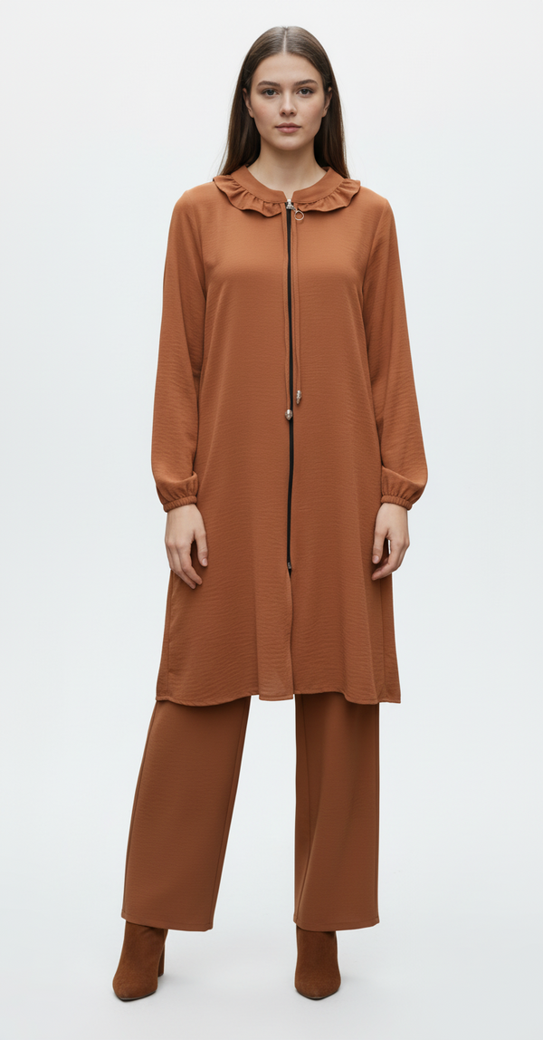 Ruffle Collar Zip Tunic and Pant Set