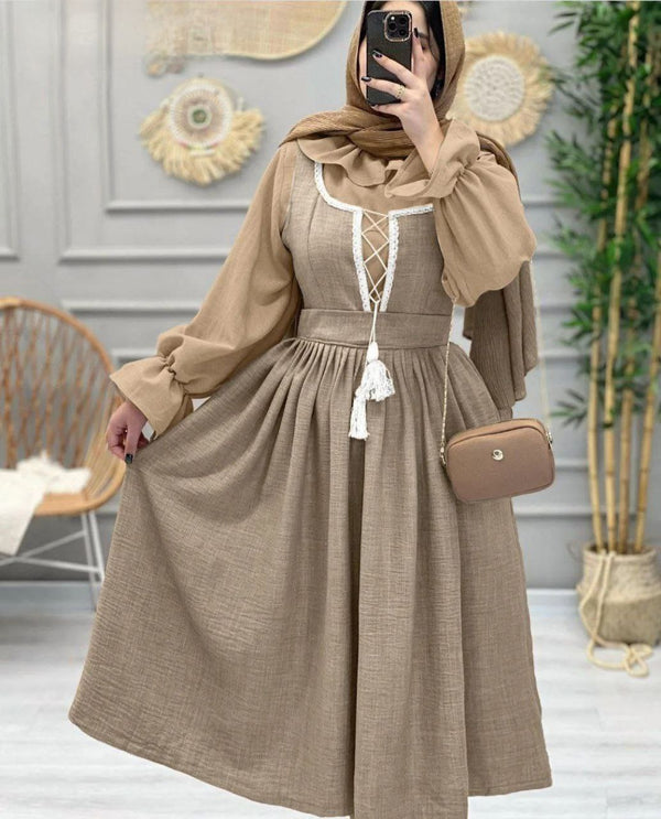 Ruffled Blouse Lace-Up Modest Dress Set