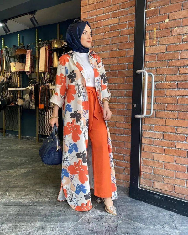 Floral Print Duster and Wide-Leg Pant Set
