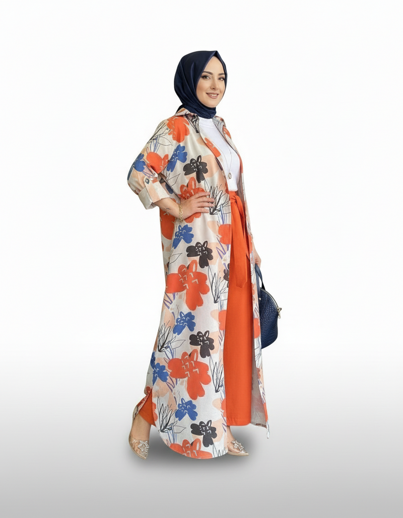 Floral Print Duster and Wide-Leg Pant Set