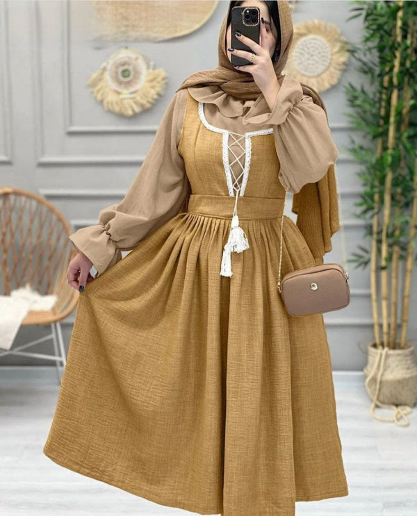 Ruffled Blouse Lace-Up Modest Dress Set