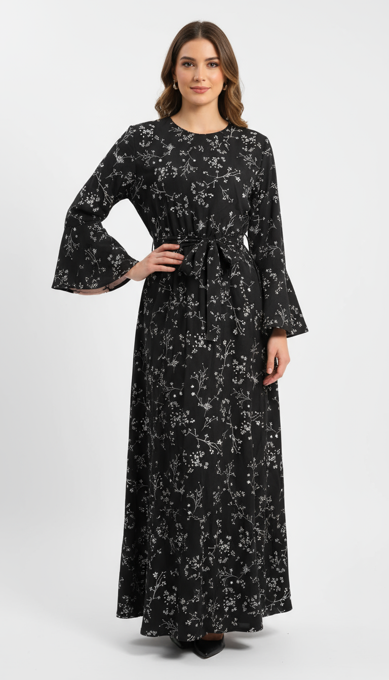 Floral Print Bell Sleeve Modest Dress