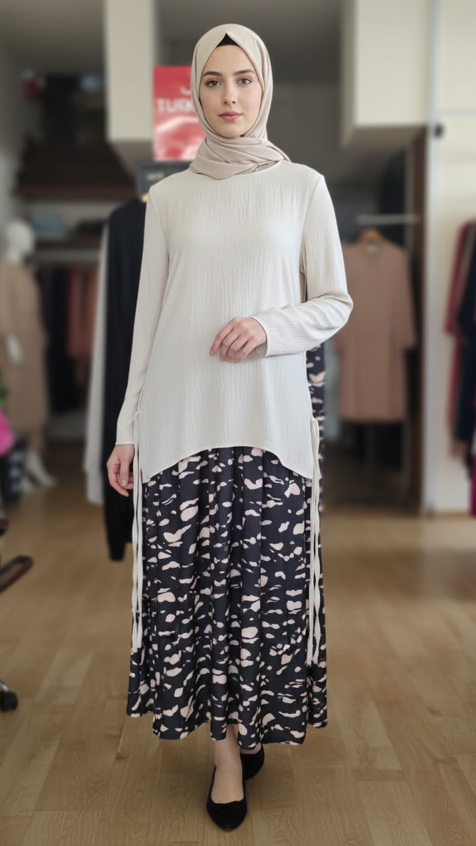 Ribbed Tunic and Printed Maxi Skirt Set