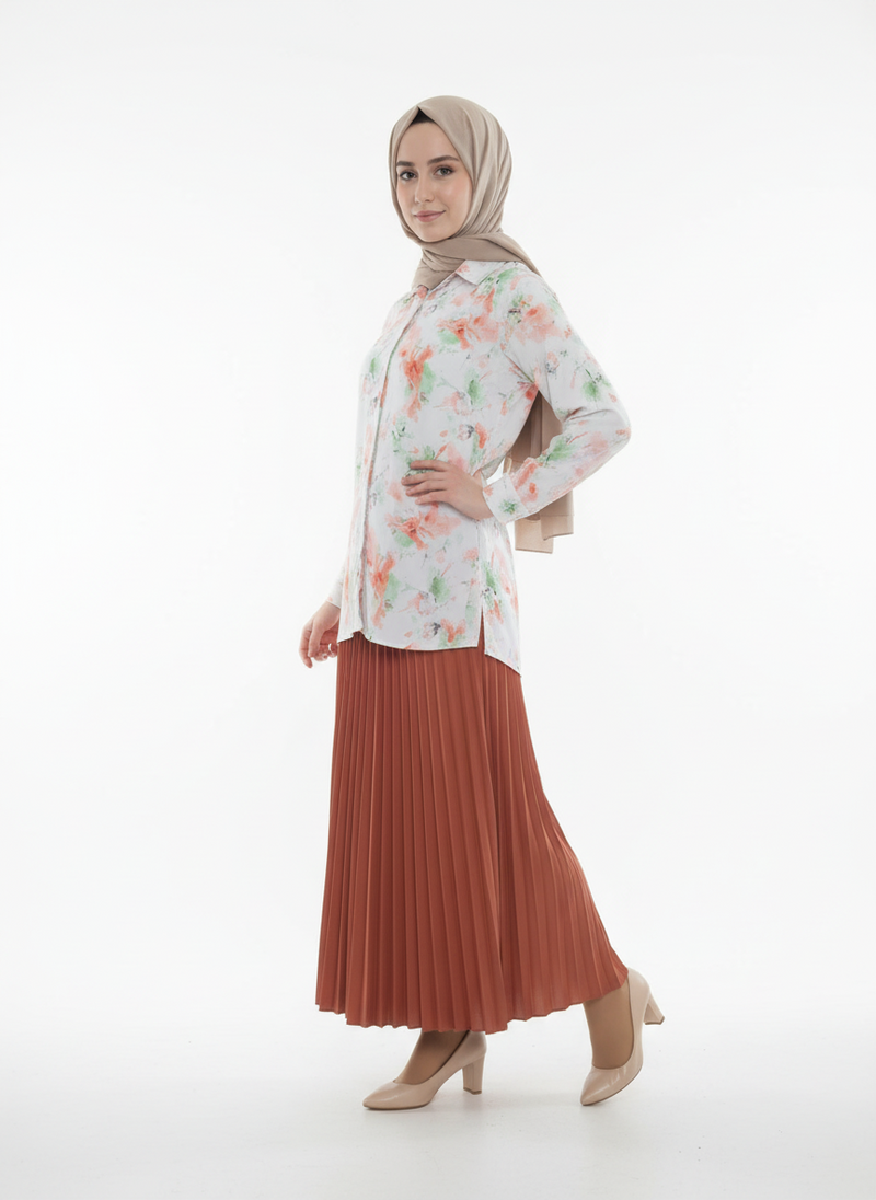 Floral Modest Blouse and Pleated Skirt Set