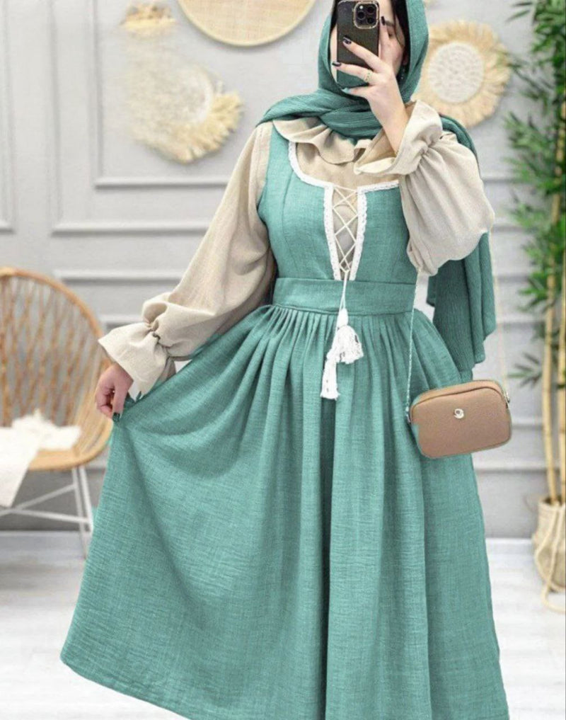 Ruffled Blouse Lace-Up Modest Dress Set