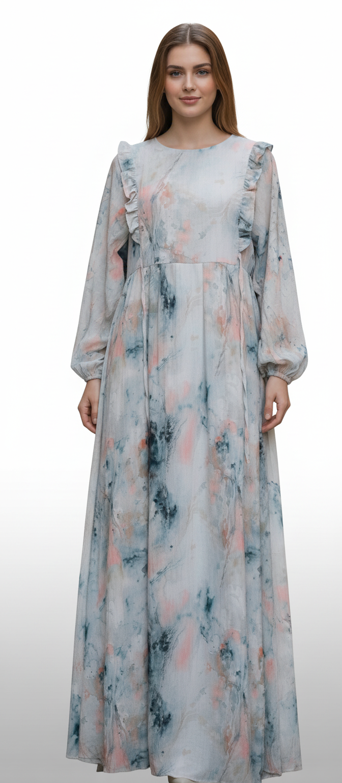 Watercolor Print Ruffle Dress