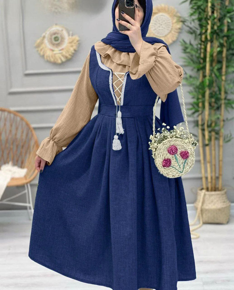 Ruffled Blouse Lace-Up Modest Dress Set