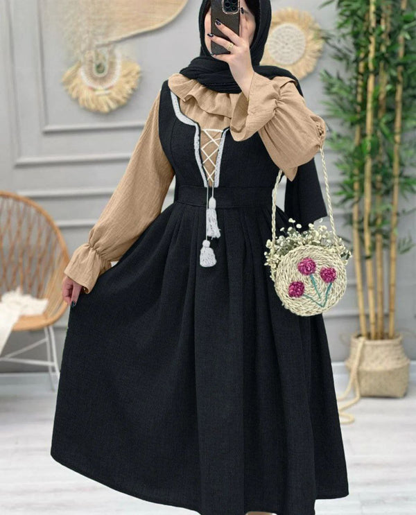 Ruffled Blouse Lace-Up Modest Dress Set