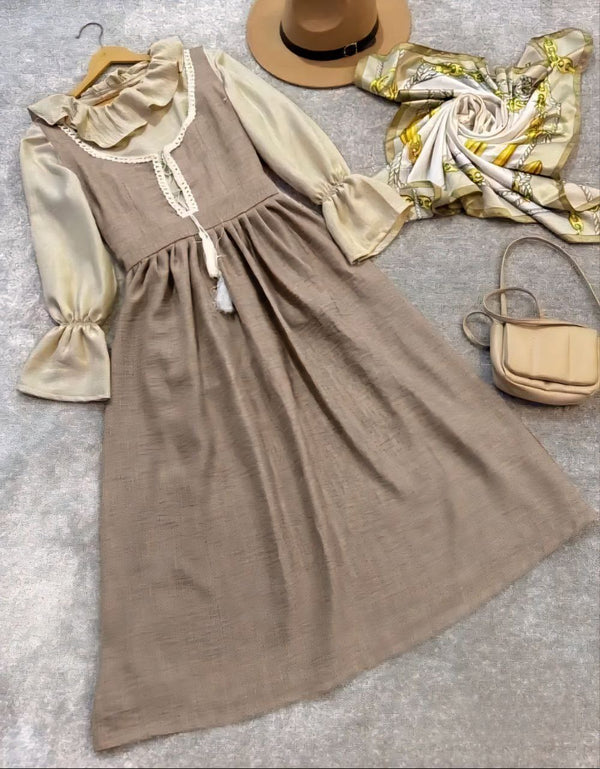 Ruffled Blouse Lace-Up Modest Dress Set