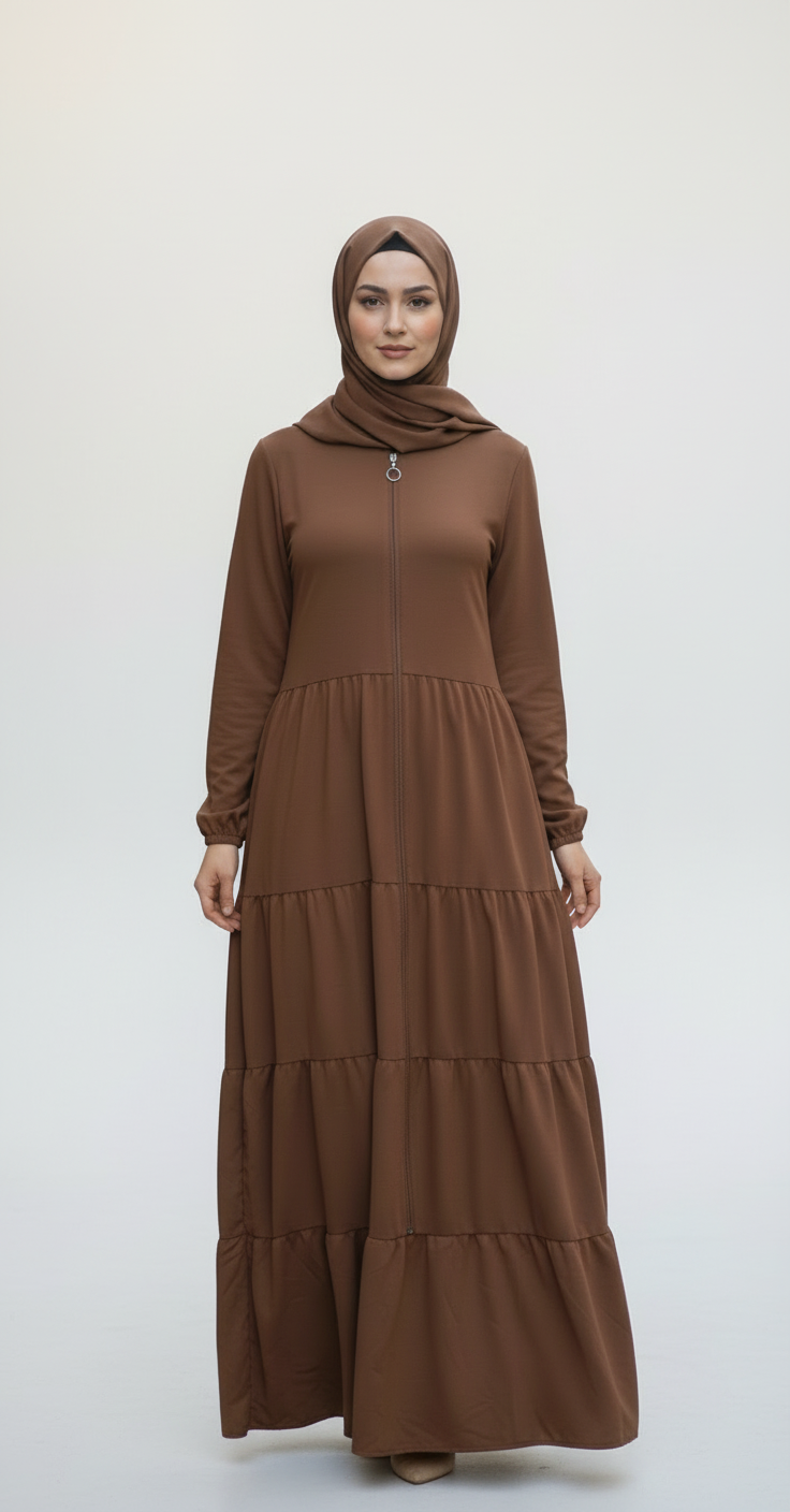 Comfort Zip-Front Tiered Abaya Dress