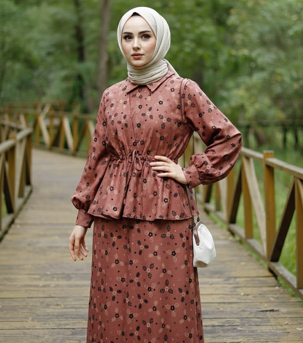Turkish Style Soft Peplum Floral Modest Set
