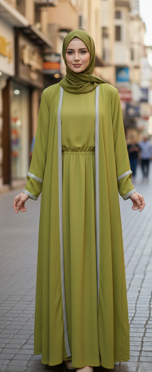 Metallic Trim Layered Modest Dress Set