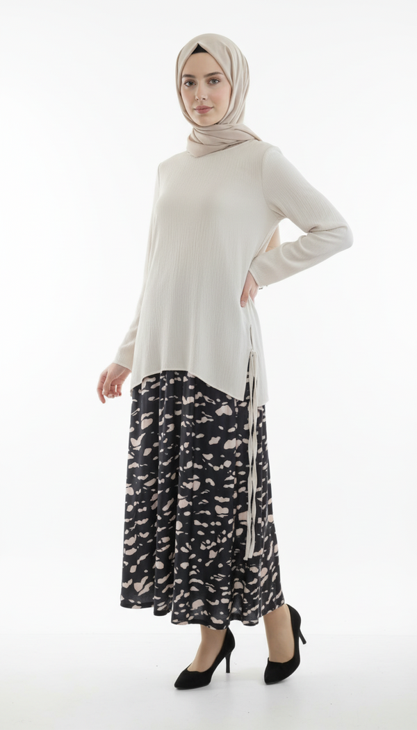 Ribbed Tunic and Printed Maxi Skirt Set