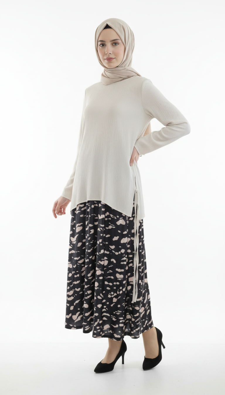 Ribbed Tunic and Printed Maxi Skirt Set